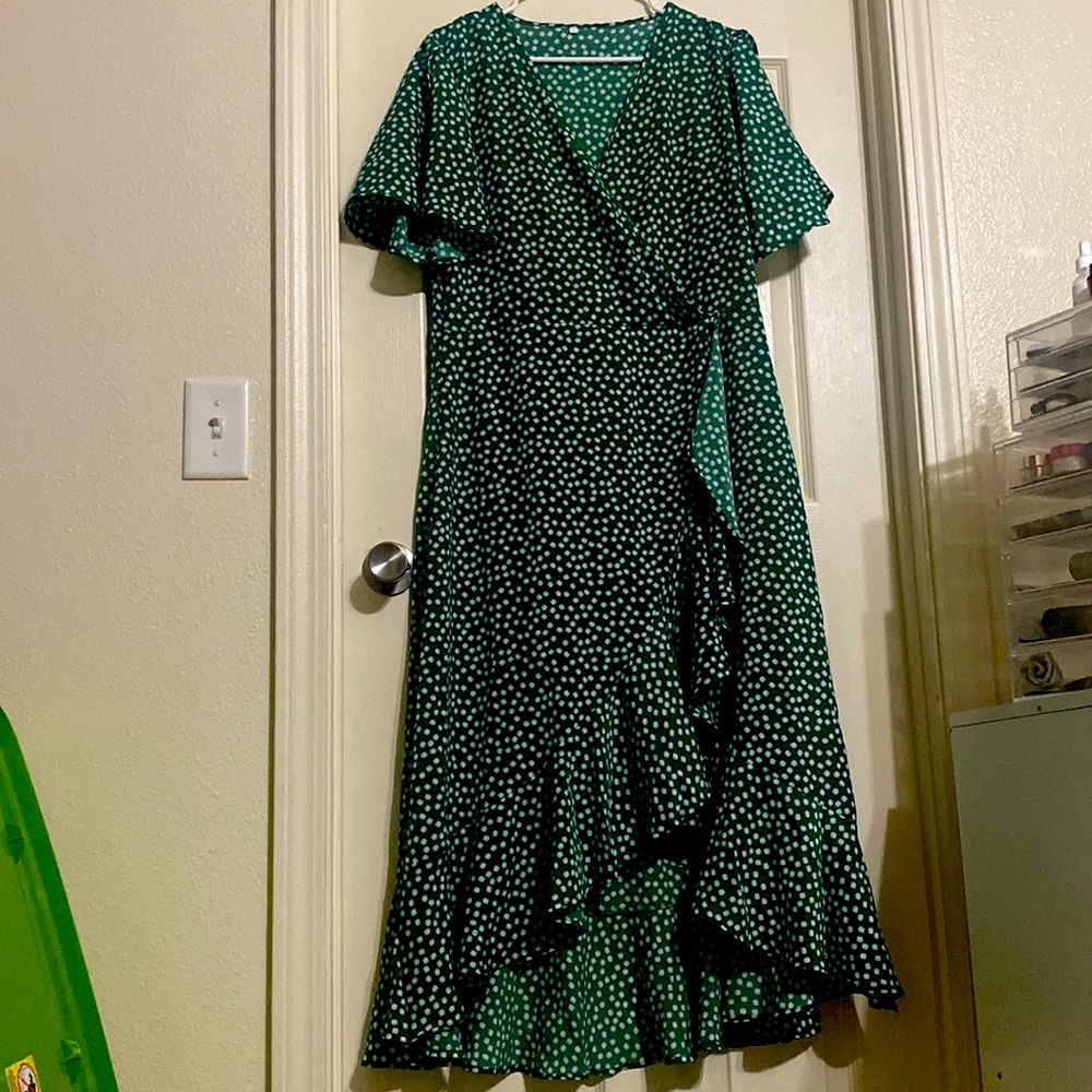 Amazon High Low V Neck Floral Green Maxi Dress